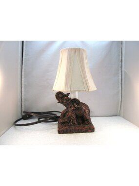 Vtg Rustic Brown Resin Elephant Base Table Lamp w/ Ivory Fabric Shade 9.5" Tall